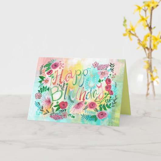 Stijlvolle roze en gele Birthday Flowers groet Kaart (Gele Bloem)