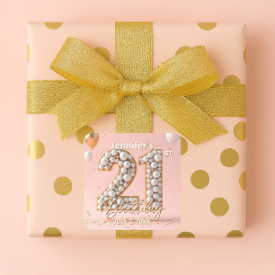 Stijlvolle roze en gouden parelmoeren 21e verjaard vierkante sticker