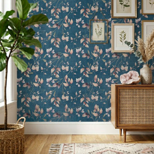 Stijlvolle roze en gouden stenen bladeren op blauw behang