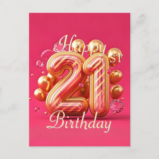 Stijlvolle roze en gouden verjaardagsfeest 21 jaar briefkaart (Voorkant)