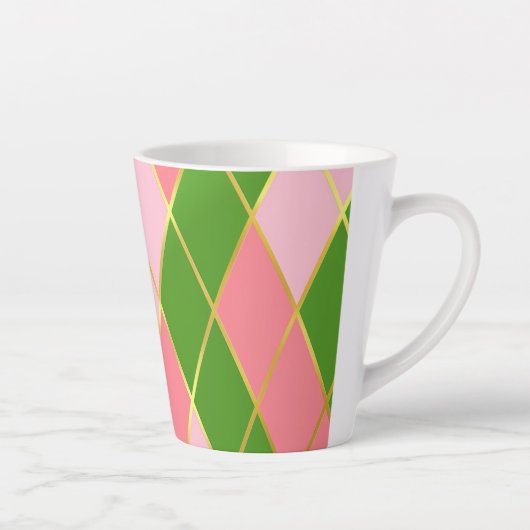 Stijlvolle roze en groene Argyle Monogrammed Latte Mok (Rechts)