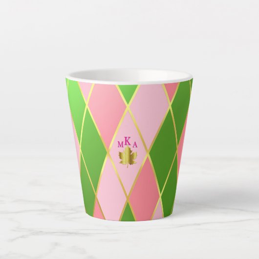 Stijlvolle roze en groene Argyle Monogrammed Latte Mok (Voorkant)