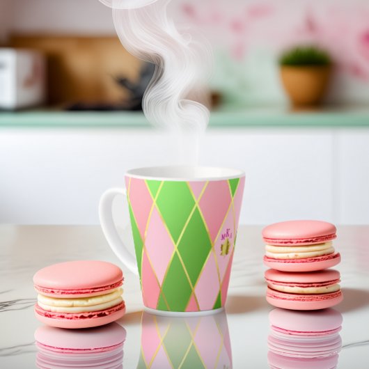 Stijlvolle roze en groene Argyle Monogrammed Latte Mok