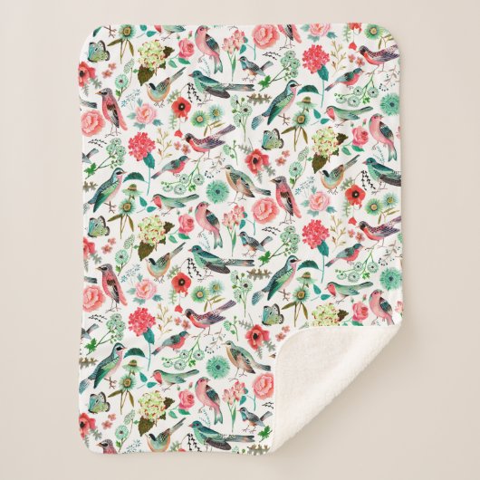 Stijlvolle roze en groene patroonbloemen & vogels sherpa deken (Voorkant)