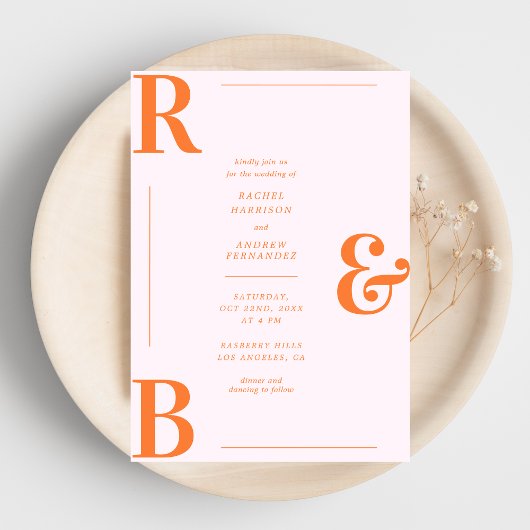 Stijlvolle roze en Oranje monogram QR-code bruilof Kaart