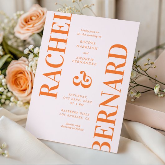 Stijlvolle roze en oranje typografie QR-code trouw Kaart