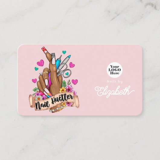 Stijlvolle Roze en Turquoise Nail Hustler Branding Visitekaartje (Voorkant)