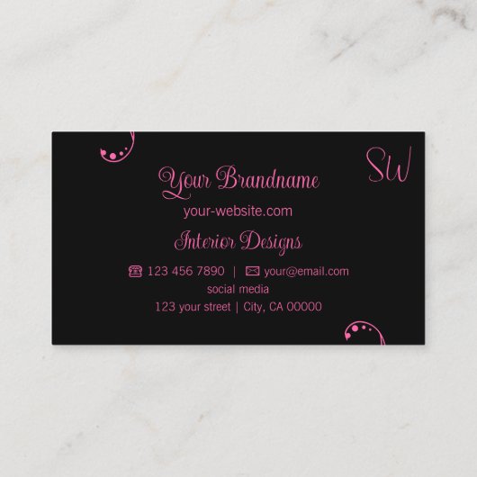 Stijlvolle roze en zwarte afbeelding met monogram visitekaartje (Achterkant)