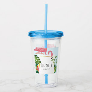 Stijlvolle roze flamingo en tropische bladeren acryl drinkbeker