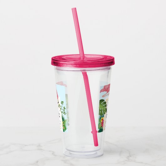 Stijlvolle roze flamingo en tropische bladeren acryl drinkbeker (Links)