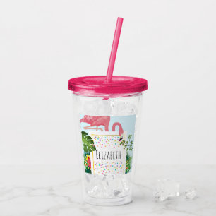 Stijlvolle roze flamingo en tropische bladeren acryl drinkbeker