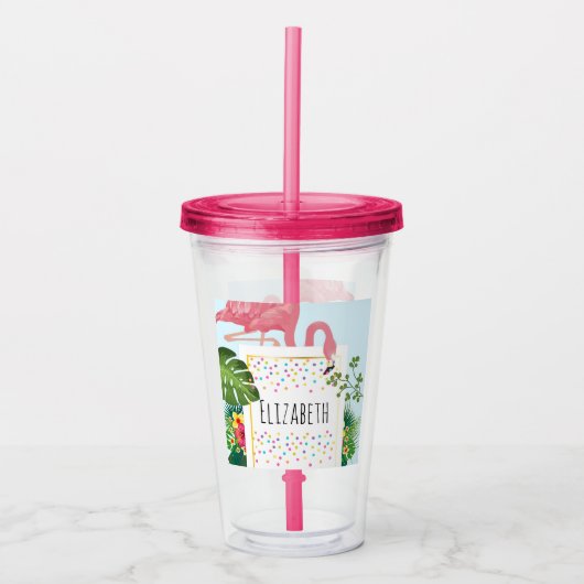 Stijlvolle roze flamingo en tropische bladeren acryl drinkbeker (Voorkant)