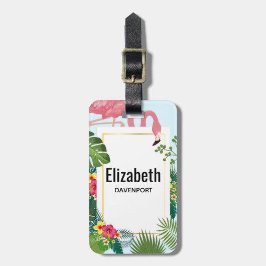 Stijlvolle roze flamingo en tropische bladeren bagagelabel (Voorkant verticaal)