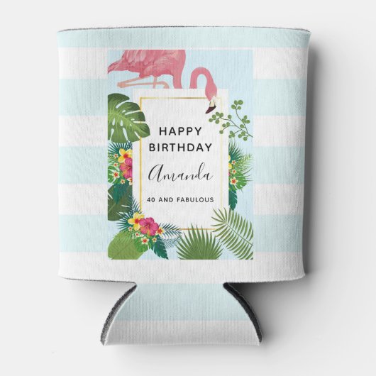 Stijlvolle roze flamingo en tropische bladeren blikjeskoeler (Voorkant)
