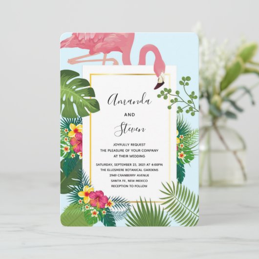Stijlvolle Roze Flamingo en Tropische Bladeren Bru Kaart (Staand voorkant)