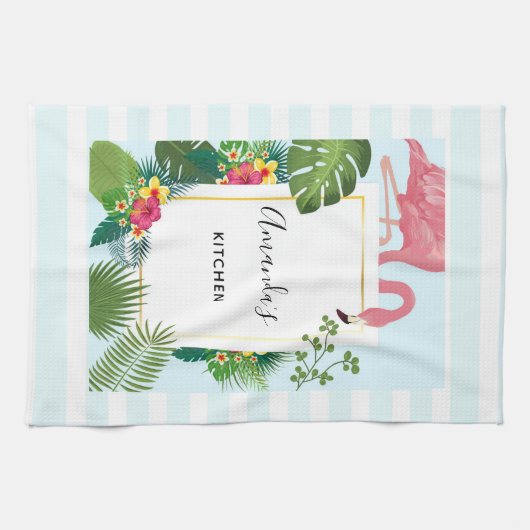 Stijlvolle roze flamingo en tropische bladeren keu theedoek (Horizontaal)