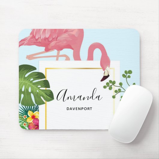 Stijlvolle roze flamingo en tropische bladeren muismat (Met muis)