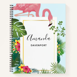 Stijlvolle roze flamingo en tropische bladeren notitieboek