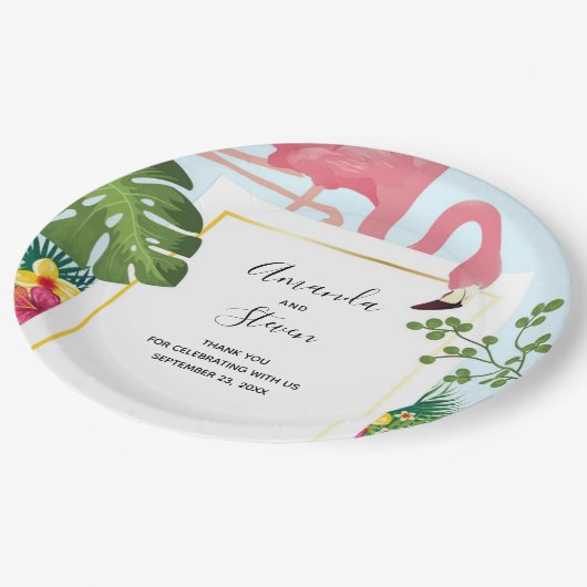 Stijlvolle roze flamingo en tropische bladeren papieren bordje (Gekanteld)