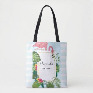 Stijlvolle roze flamingo en tropische bladeren tote bag