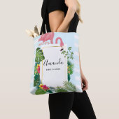 Stijlvolle roze flamingo en tropische bladeren tote bag (Dichtbij)