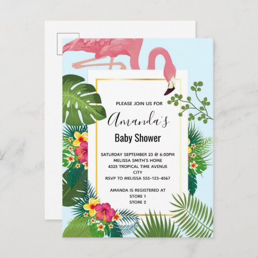 Stijlvolle roze flamingo en tropische bladeren uitnodiging briefkaart (Voorkant / Achterkant)