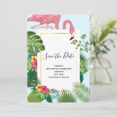 Stijlvolle roze flamingo en tropische bladeren van save the date (Staand voorkant)