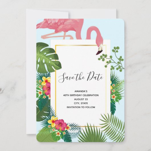Stijlvolle roze flamingo en tropische bladeren van save the date (Voorkant)