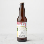 Stijlvolle roze flamingo en tropische bladeren Wed Bier Etiket (Voorkant)