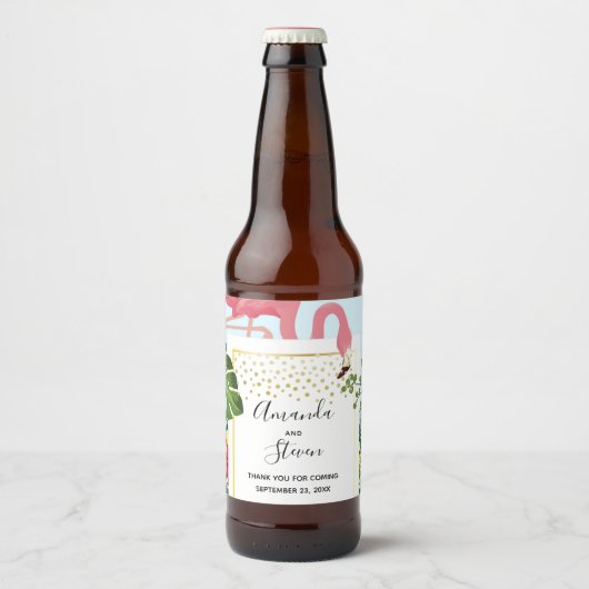 Stijlvolle roze flamingo en tropische bladeren Wed Bier Etiket (Voorkant)