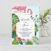 Stijlvolle roze flamingo en tropische bladeren Wed Kaart (Staand voorkant)