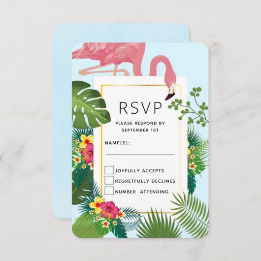 Stijlvolle roze flamingo en tropische bladeren Wed RSVP Kaartje (Voorkant / Achterkant)