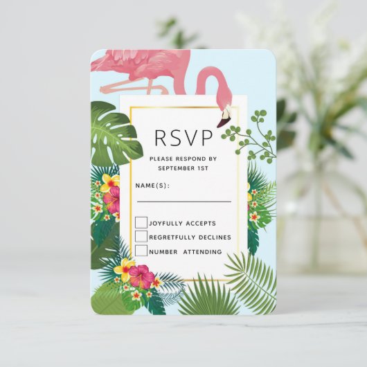Stijlvolle roze flamingo en tropische bladeren Wed RSVP Kaartje (Staand voorkant)