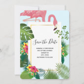 Stijlvolle roze flamingo en tropische bladeren Wed Save The Date (Voorkant)