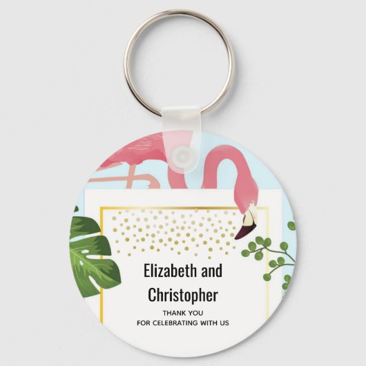 Stijlvolle roze flamingo en tropische bladeren Wed Sleutelhanger (Voorkant)