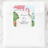 Stijlvolle roze flamingo en tropische bladeren Wed Vierkante Sticker (Tas)