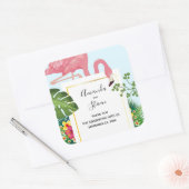 Stijlvolle roze flamingo en tropische bladeren Wed Vierkante Sticker (Envelop)