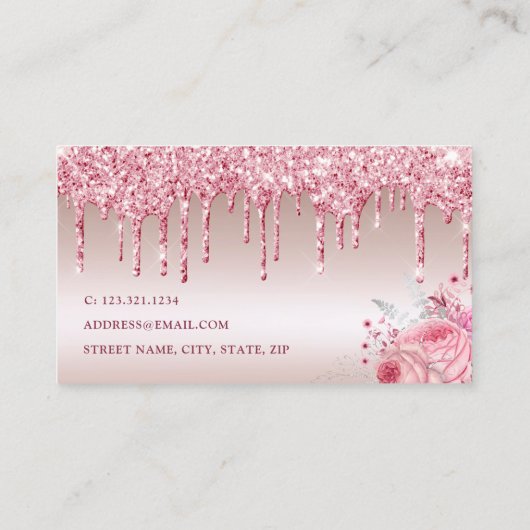 Stijlvolle roze florale glitter druppelt make-up e visitekaartje
