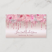 Stijlvolle roze florale glitter druppelt make-up e visitekaartje (Voorkant)