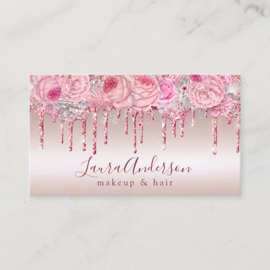 Stijlvolle roze florale glitter druppelt make-up e visitekaartje