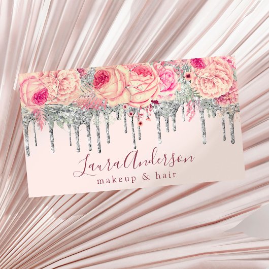 Stijlvolle roze florale glitter druppelt make-up e visitekaartje