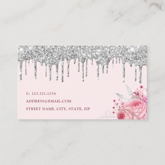 Stijlvolle roze florale glitter druppelt make-up e visitekaartje (Achterkant)