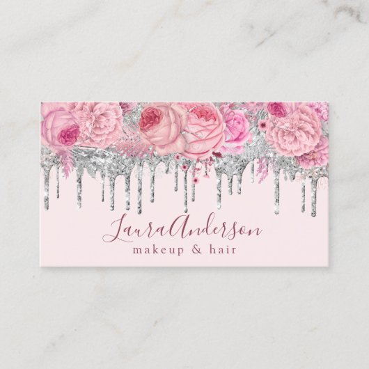 Stijlvolle roze florale glitter druppelt make-up e visitekaartje (Voorkant)