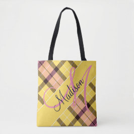 Stijlvolle roze gele geruite Tartan | Voeg je naam Tote Bag