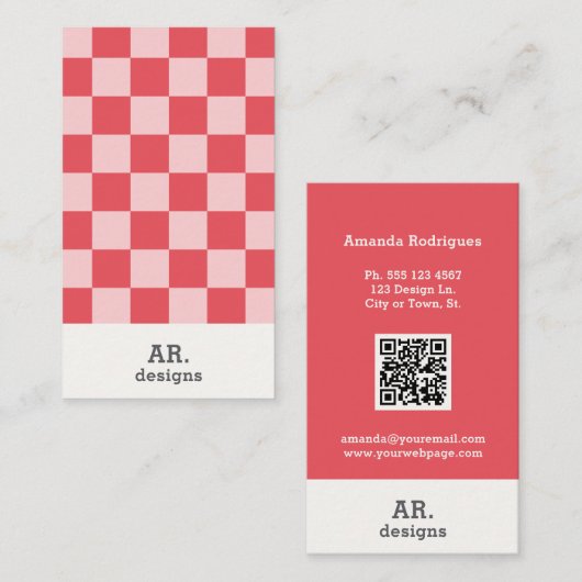 Stijlvolle roze geruite QR Visitekaartje (Voorkant / Achterkant)