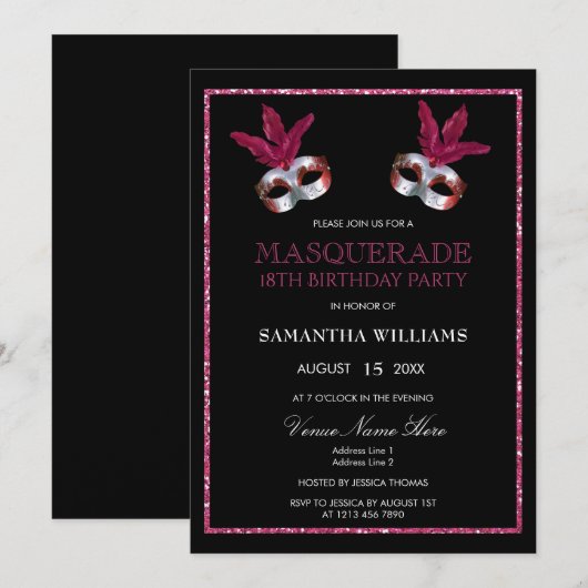 Stijlvolle Roze Glitter Masquerade 18e verjaardag Kaart (Voorkant / Achterkant)