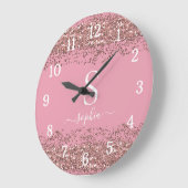 Stijlvolle roze Glitter Monogram Script-naam Grote Klok (Hoek)