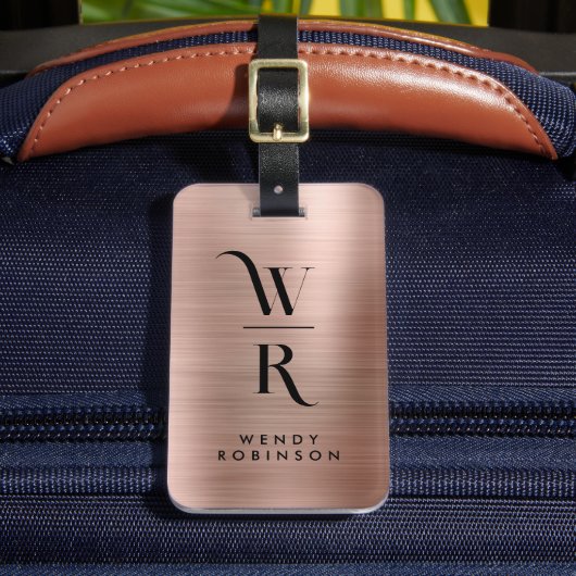 Stijlvolle Roze Goud Metaal Twee Monogram Initiaal Bagagelabel (Voorkant Insitu 2)