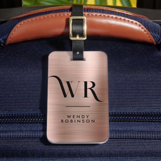 Stijlvolle Roze Goud Metaal Twee Monogram Initiaal Bagagelabel (Voorkant Insitu 2)