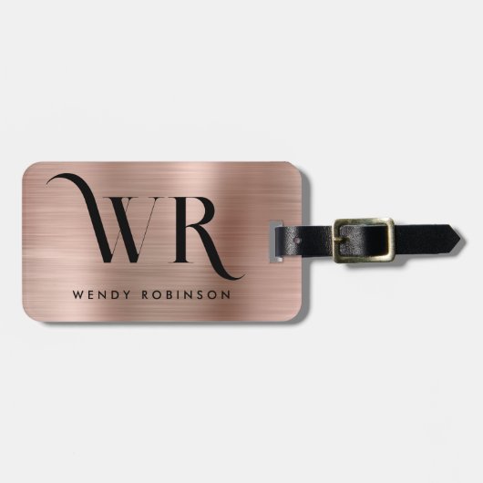 Stijlvolle Roze Goud Metaal Twee Monogram Initiaal Bagagelabel (Voorkant horizontaal)